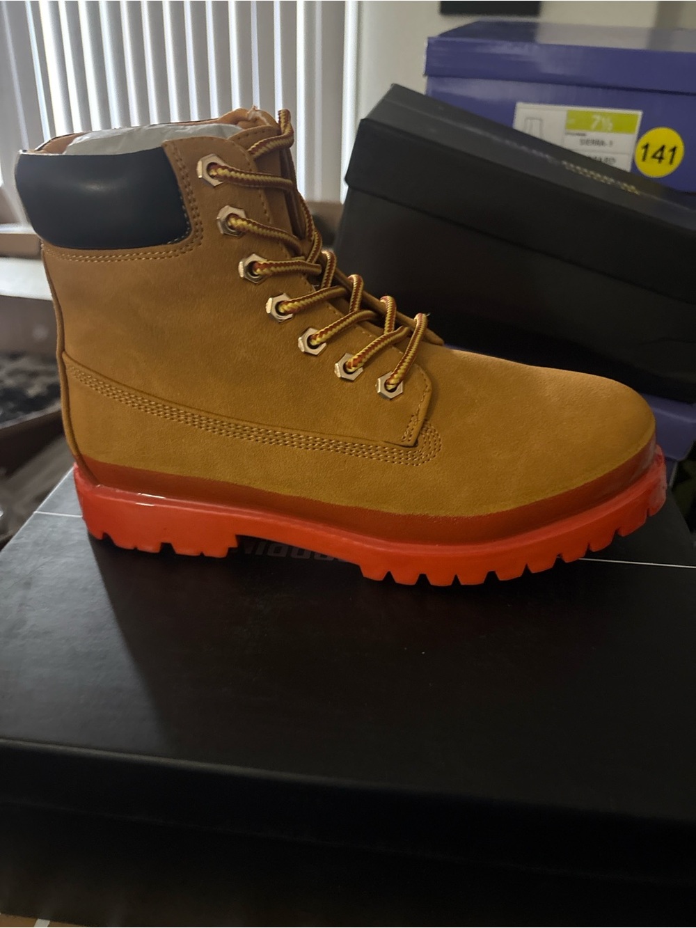 women Tan Work Boot with Orange Sole